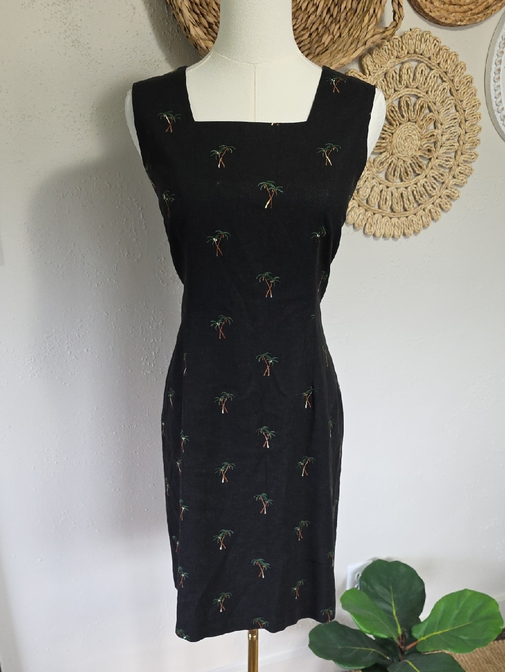 Betsey Lauren Palm Trees Linen Blend Vacation LBD Sheathe Dress Womens 8 EUC